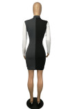 Black Red Fashion Casual Solid Patchwork Zipper Collar Long Sleeve Dresses