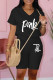 Black Fashion Casual Letter Print Basic V Neck Short Sleeve Two Pieces