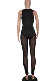 Black Sexy Solid Patchwork See-through O Neck Sleeveless Two Pieces