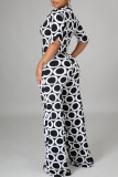 Black White Fashion Casual Print Basic V Neck Regular Jumpsuits (Without Belt)