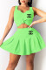 Fluorescent Green Fashion Sweet Print Patchwork V Neck Sleeveless Two Pieces