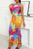 Yellow Fashion Sexy Print Backless Slit O Neck Sleeveless Dress