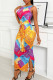 Yellow Fashion Sexy Print Backless Slit O Neck Sleeveless Dress
