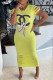 Yellow Fashion Casual Print Ripped O Neck One Step Skirt Dresses