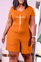 Orange Fashion Casual Print Basic V Neck Regular Rompers