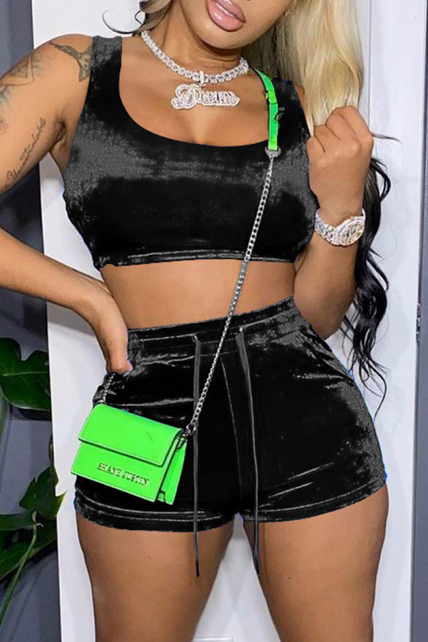 Black Sexy Casual Solid Backless U Neck Sleeveless Two Pieces