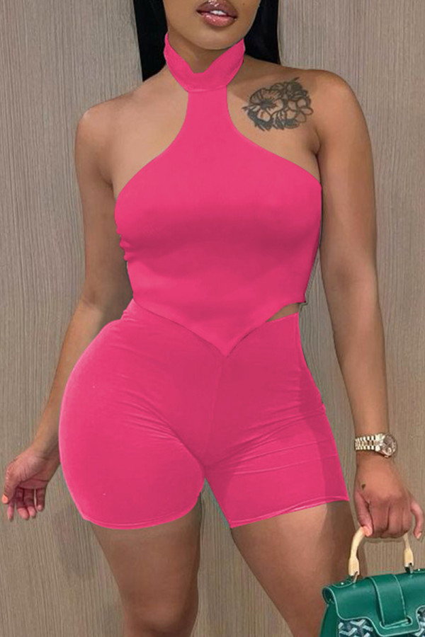 Rose Red Sexy Casual Solid Backless Halter Sleeveless Two Pieces