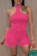 Rose Red Sexy Casual Solid Backless Halter Sleeveless Two Pieces