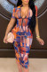Multicolor Fashion Casual Print Basic Zipper Collar Short Sleeve Dress