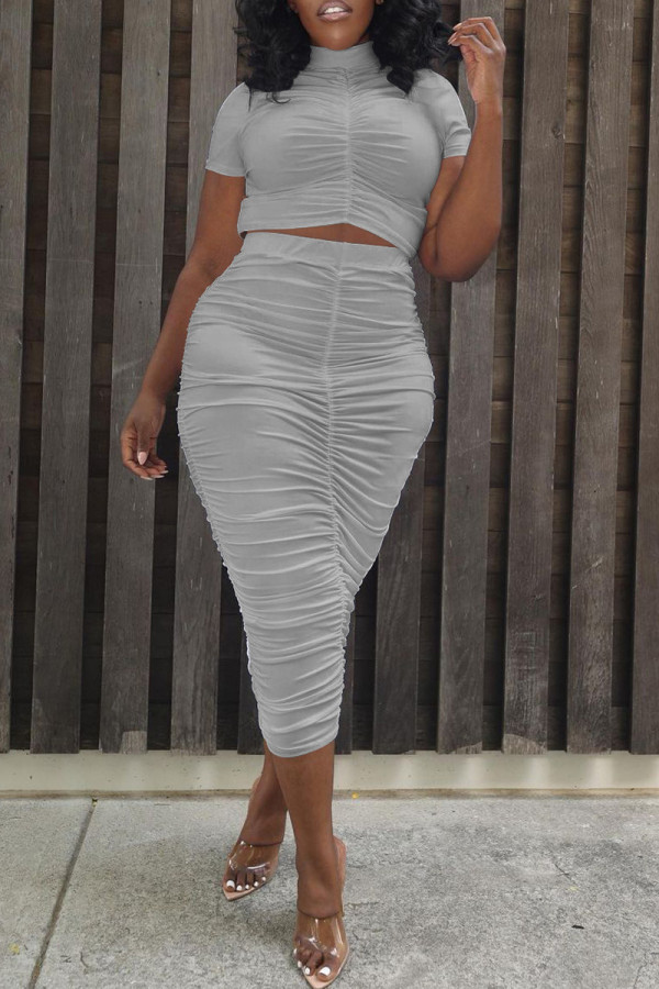 Grey Fashion Sexy Solid Fold Turtleneck Short Sleeve Two Pieces