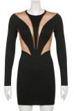 Black Fashion Sexy Patchwork See-through O Neck Long Sleeve Dresses