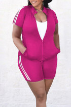 Rose Red Casual Solid Split Joint Zipper Plus Size Two Pieces