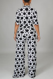 Black White Fashion Casual Print Basic V Neck Regular Jumpsuits (Without Belt)