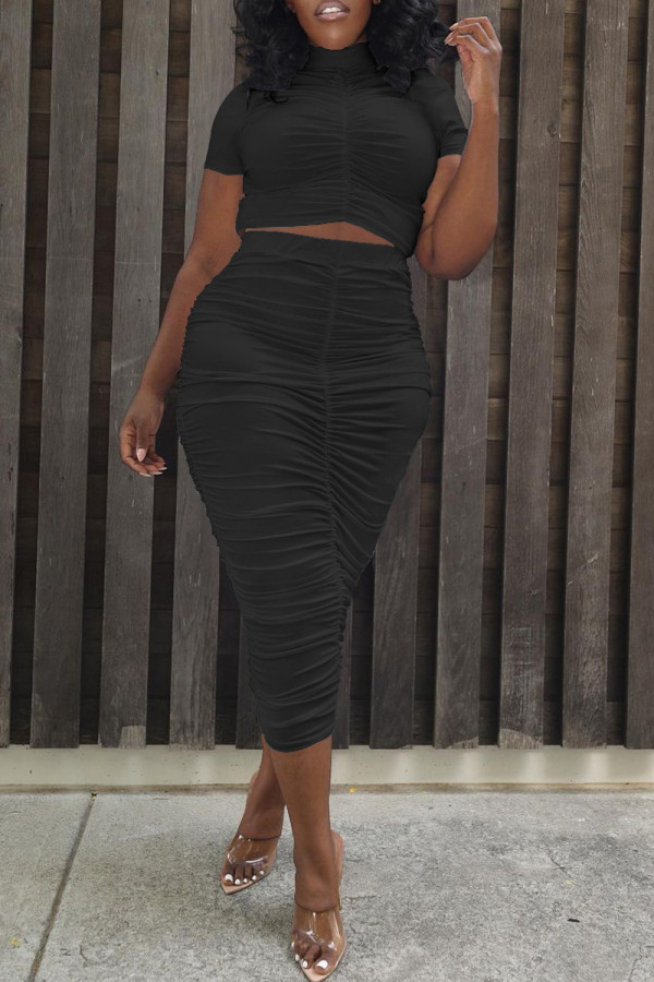 Black Fashion Sexy Solid Fold Turtleneck Short Sleeve Two Pieces