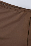 Coffee Sexy Solid Hollowed Out Patchwork Slit Asymmetrical Oblique Collar Long Sleeve Two Pieces