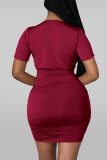 Color Blue Sexy Solid Patchwork V Neck Pencil Skirt Dresses