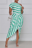 Green Fashion Casual Striped Print Asymmetrical Oblique Collar Short Sleeve Dress