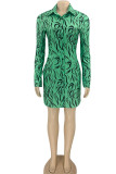 Green Casual Print Patchwork Buckle Turndown Collar Shirt Dress Dresses