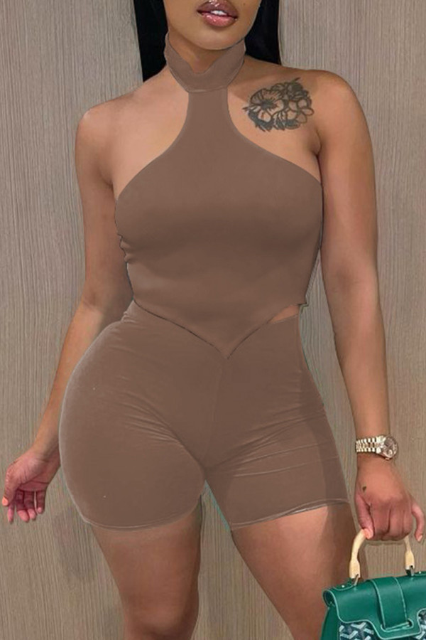 Coffee Sexy Casual Solid Backless Halter Sleeveless Two Pieces