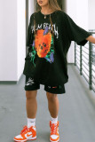 Black Fashion Casual Print Basic O Neck Short Sleeve Two Pieces