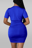 Color Blue Sexy Solid Patchwork V Neck Pencil Skirt Dresses