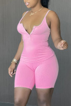 Pink Sexy Casual Solid Backless V Neck Sleeveless Two Pieces