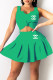 Cyan Fashion Sweet Print Patchwork V Neck Sleeveless Two Pieces