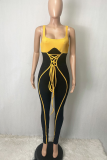 Black Sexy Solid Draw String Spaghetti Strap Skinny Jumpsuits