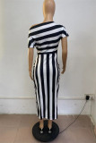 Green Fashion Casual Striped Print Asymmetrical Oblique Collar Short Sleeve Dress