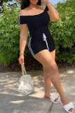 Blue Casual Sportswear Solid Patchwork Off the Shoulder Regular Rompers