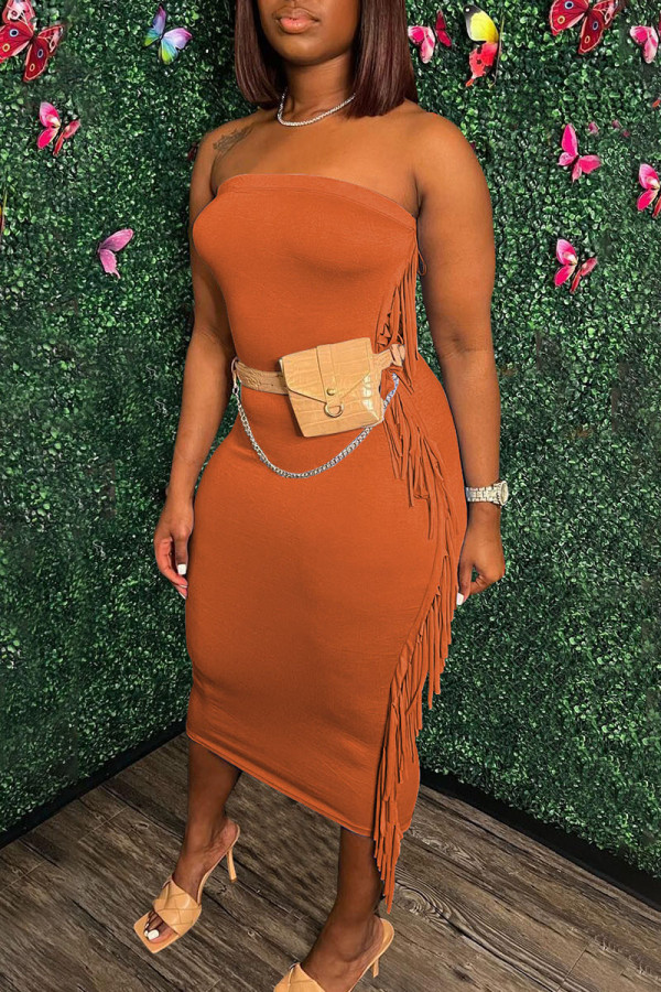 Tangerine Red Sexy Solid Tassel Patchwork Strapless Pencil Skirt Dresses