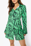 Green Casual Print Patchwork Buckle Turndown Collar Shirt Dress Dresses