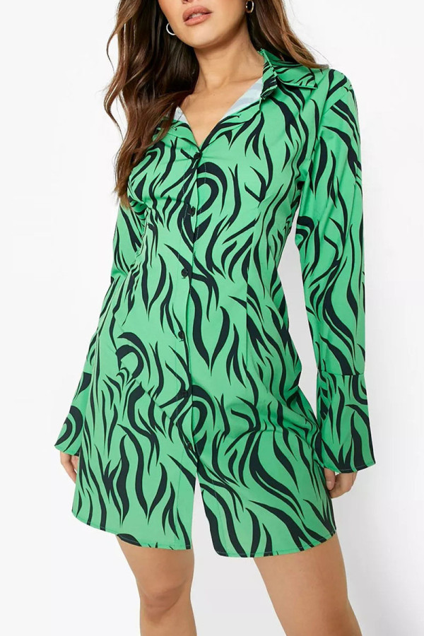 Green Casual Print Patchwork Buckle Turndown Collar Shirt Dress Dresses