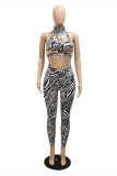 Leopard Print Sexy Casual Patchwork Print Hollowed Out Backless Turtleneck Sleeveless Two Pieces