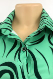 Green Casual Print Patchwork Buckle Turndown Collar Shirt Dress Dresses