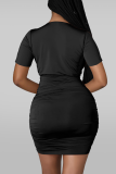 Color Blue Sexy Solid Patchwork V Neck Pencil Skirt Dresses