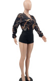 Black Sexy Print Patchwork V Neck Regular Rompers