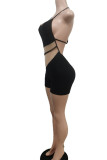 Khaki Sexy Solid Patchwork See-through Backless Halter Regular Rompers
