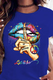 Royal Blue Casual Letter Lips Printed Patchwork O Neck Tops