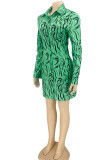 Green Casual Print Patchwork Buckle Turndown Collar Shirt Dress Dresses