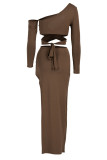 Coffee Sexy Solid Hollowed Out Patchwork Slit Asymmetrical Oblique Collar Long Sleeve Two Pieces