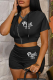 Black Casual Print Patchwork Hooded Collar Short Sleeve Two Pieces