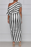 Green Fashion Casual Striped Print Asymmetrical Oblique Collar Short Sleeve Dress