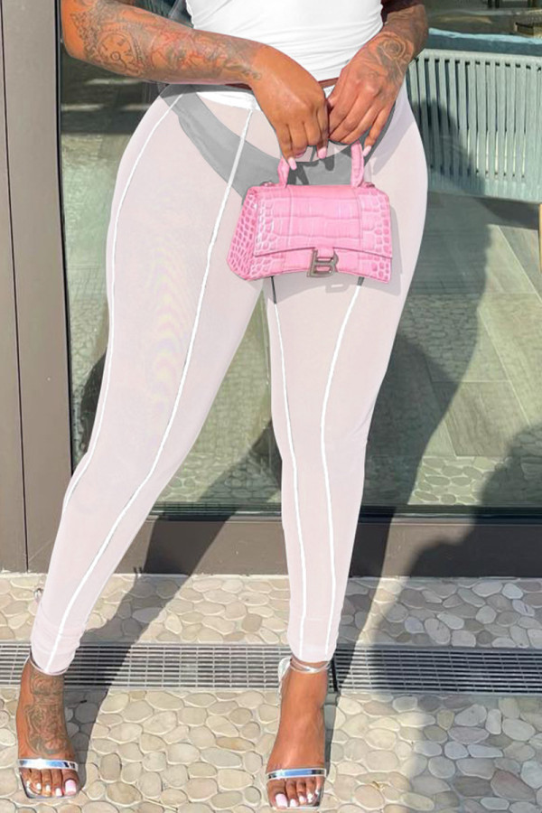 White Fashion Sexy Solid See-through Skinny High Waist Pencil Trousers
