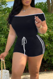 Blue Casual Sportswear Solid Patchwork Off the Shoulder Regular Rompers