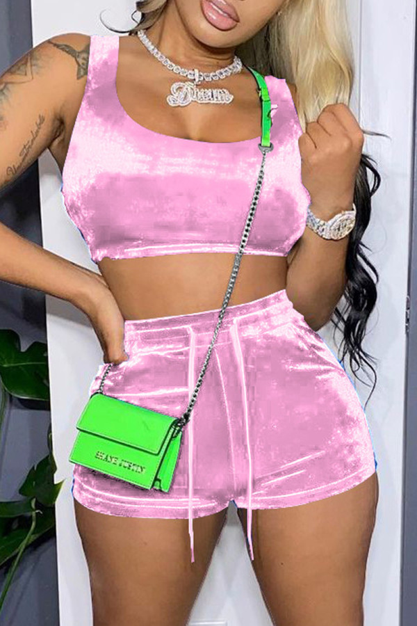 Pink Sexy Casual Solid Backless U Neck Sleeveless Two Pieces