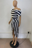 Green Fashion Casual Striped Print Asymmetrical Oblique Collar Short Sleeve Dress