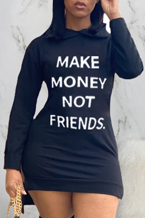 Black Casual Print Letter Hooded Collar Irregular Dress Dresses