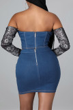 Blue Fashion Sexy Patchwork Print Backless Off the Shoulder Long Sleeve Two Pieces