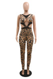Leopard Print Fashion Sexy Print Leopard Hollowed Out Patchwork O Neck Skinny Jumpsuits